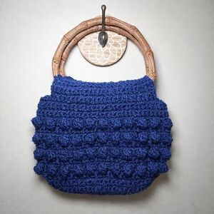 Handmade Navy Blue Crochet Bamboo Handle Purse Boho Vintage Style Handbag